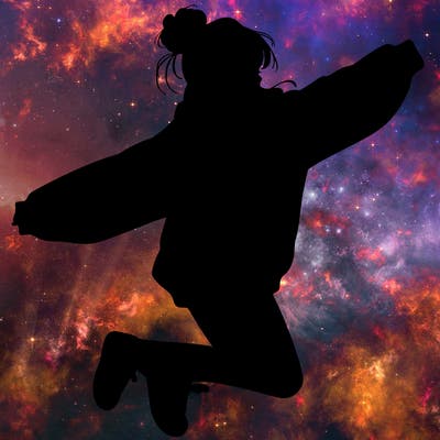 realistic girl jumping with a bun and oversized sweatshirt