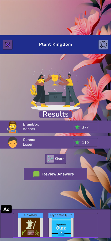 Botany Knowledge Quiz - プレイヤーのスコアと勝者のトロフィーが表示された、植物学知識クイズアプリのマルチプレイヤー結果画面。