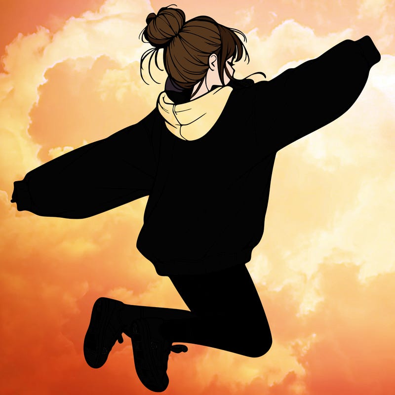 realistic girl jumping with a bun and oversized sweatshirt