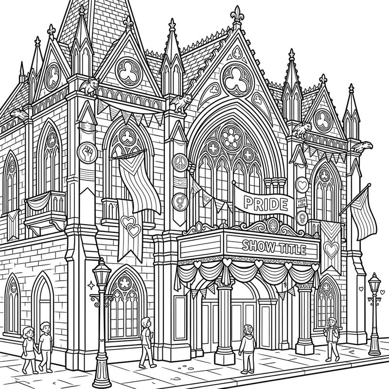 Immerse yourself in a unique blend of historical grandeur and modern celebration with this intricate coloring page. A majestic Gothic theater comes alive with festive Pride Month decor, offering a captivating artistic challenge.