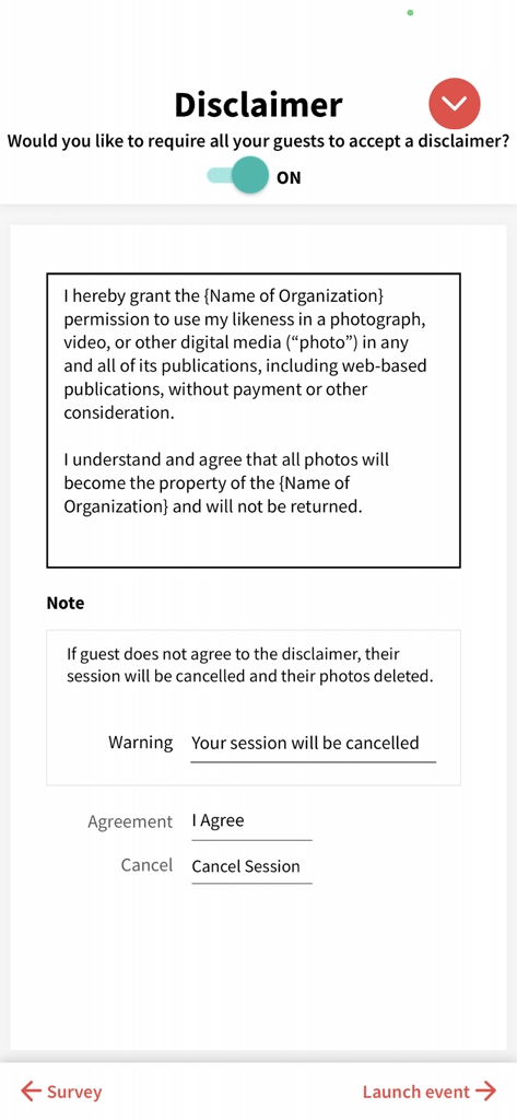 LumaBooth Event Photo Booth - Setup screen for guest disclaimers and photo release waivers in LumaBooth