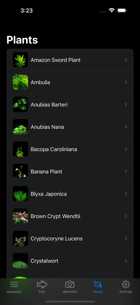 Aquarium Guide Fish Identifier - Mobile app screen showing a list of aquarium plants with photos and names including Amazon Sword and Anubias