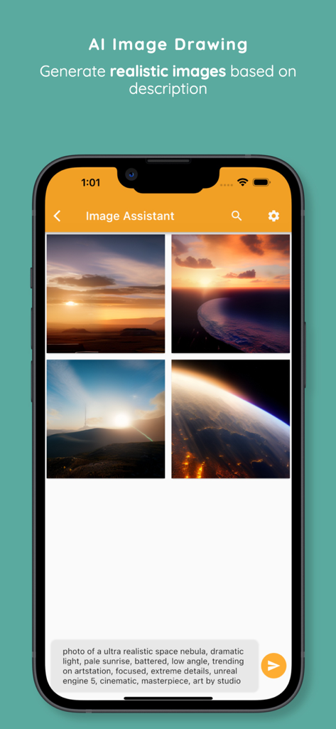 Chat Journey - Pocket AI Buddy - Interfaz de la aplicación Chat Journey que muestra la función de dibujo de imágenes con IA con imágenes de nebulosas espaciales ultrarrealistas generadas.
