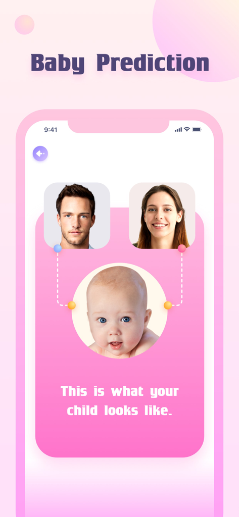Interface of the Lucky Life app showing the baby prediction feature which generates a future child's face from photos of two parents.