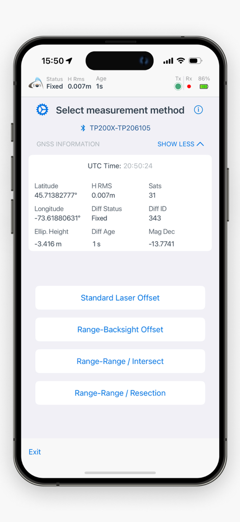 Eos Tools Pro - Eos Tools Proアプリインターフェイス。測定方法の選択と高精度GNSSステータス情報が表示されています。