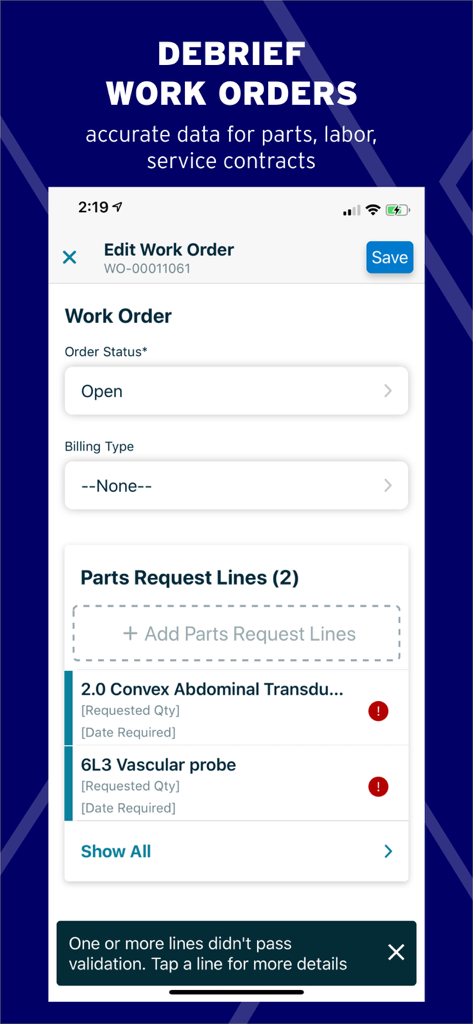 ServiceMax Go mobile interface for editing field service work orders and managing parts requests.