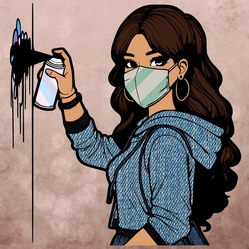 realistic girl with mask spray painting a wall