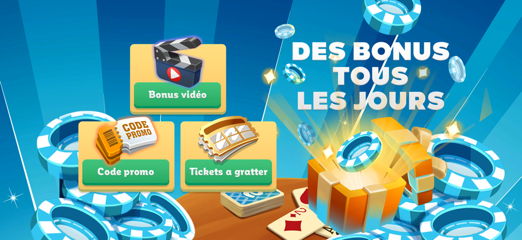 Écran des bonus quotidiens pour Belote et Coinche affichant les récompenses vidéo, les codes promotionnels et les tickets à gratter.