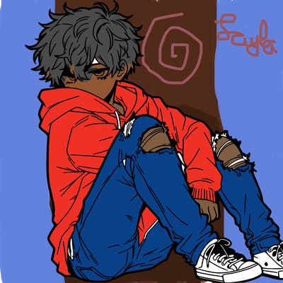 a male hoddie ripped jeans messy hair anime