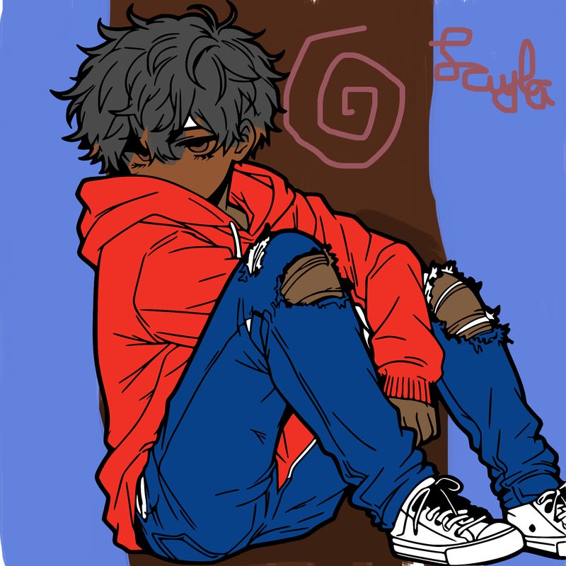 a male hoddie ripped jeans messy hair anime