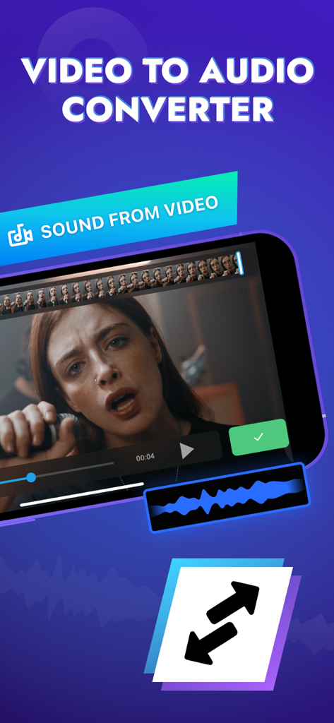 Audio Editor Tool: Edit Music - Audio Editor Toolアプリのビデオからオーディオへの変換機能を示すインターフェース。