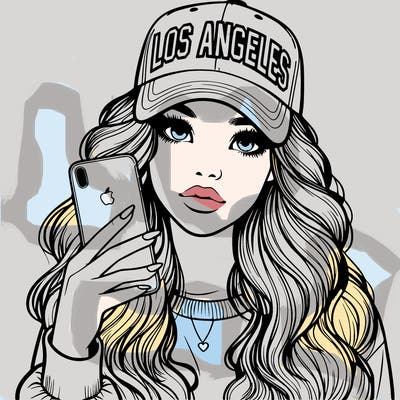 realistic beautiful girl wearing los ángeles cap holding an iphone