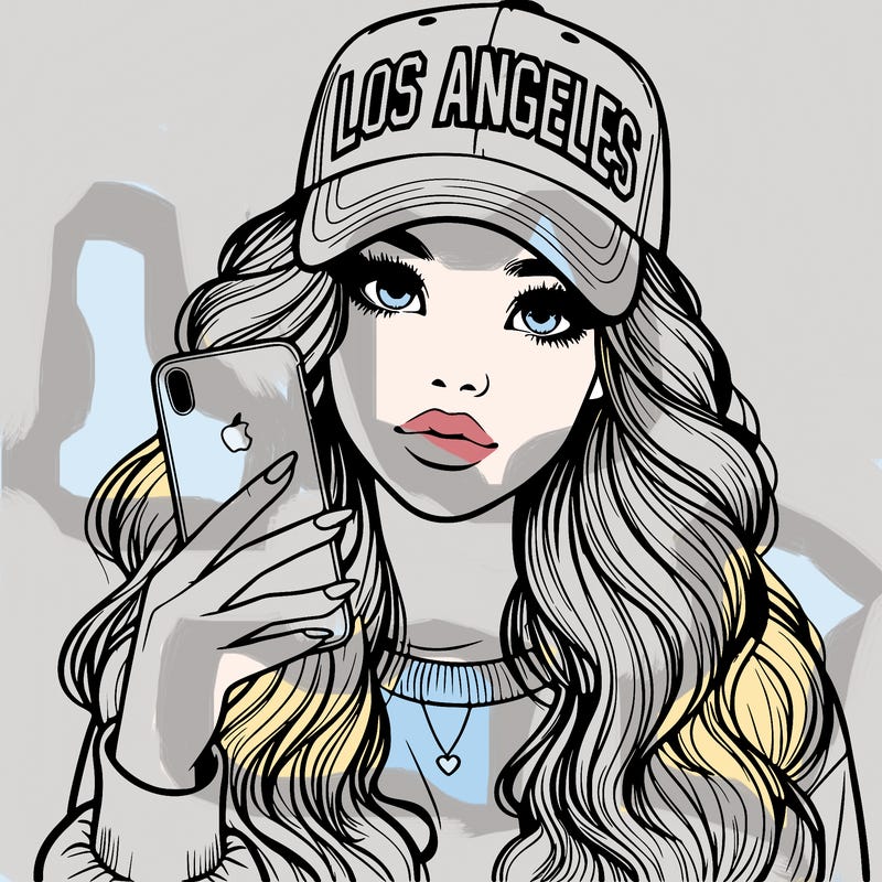 realistic beautiful girl wearing los ángeles cap holding an iphone