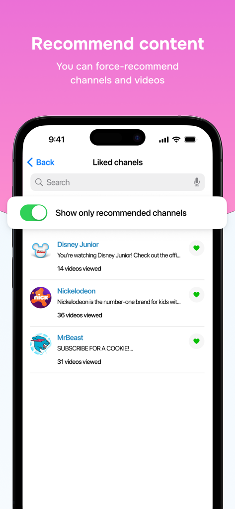 Interfaccia che mostra i controlli parentali per consigliare canali YouTube specifici come Disney Junior e Nickelodeon.