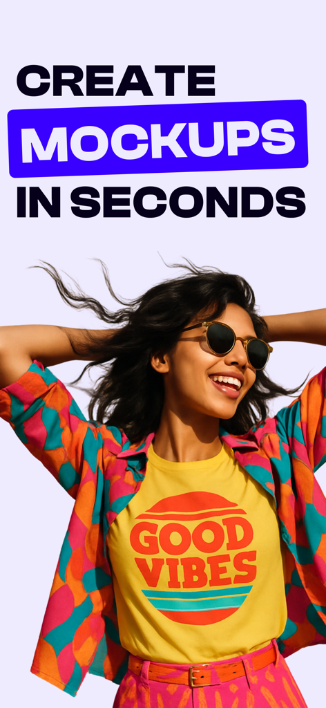 Mockup Creator - 화창한 야외 배경에서 밝은 노란색 Good Vibes 티셔츠 목업을 입고 있는 여성