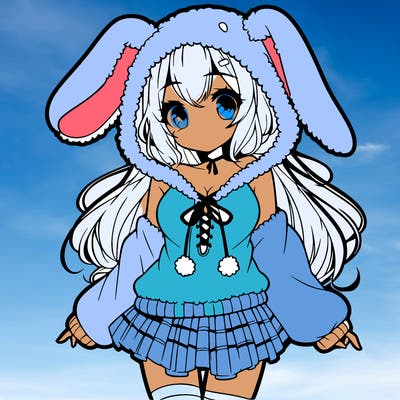 pretty anime girl wearing a fluffy hoodie with bunny ears on the hood and a skirt