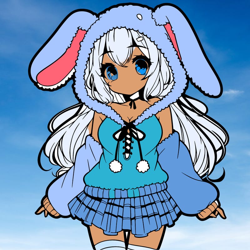 pretty anime girl wearing a fluffy hoodie with bunny ears on the hood and a skirt