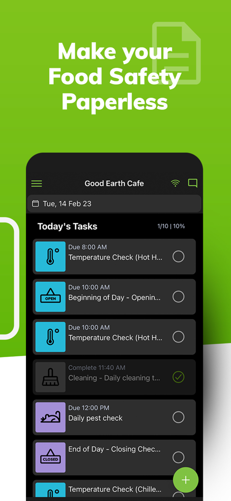 Safe Food Pro - Safe Food Pro mobile app interface showing paperless food safety daily tasks and checklists for a restaurant