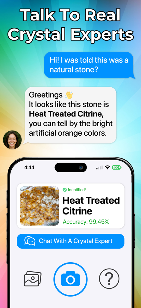 Rock & Crystal Identifier - Mobile app screenshot showing a chat interface with a crystal expert identifying a stone