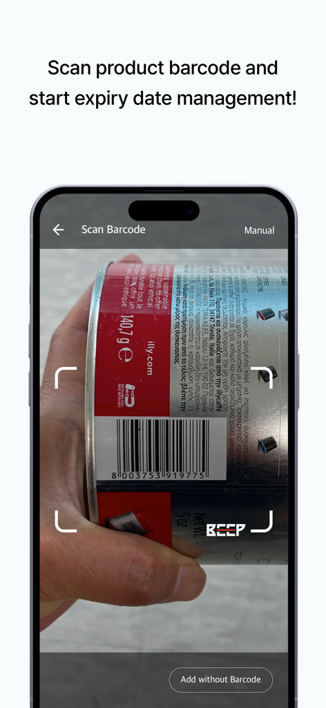 A person using the BEEP app to scan a product barcode for expiry date tracking