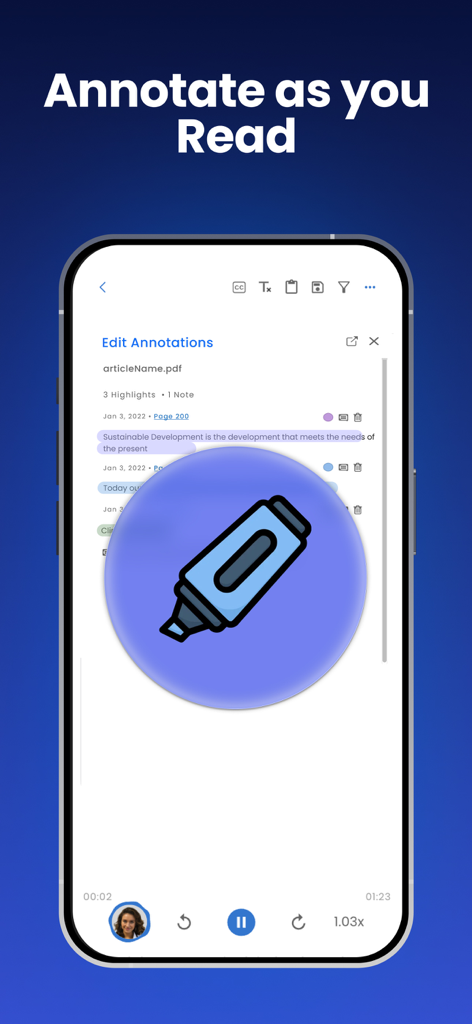 NaturalReader - Text To Speech - Interfaccia dell'app NaturalReader che mostra come evidenziare e annotare un documento PDF mentre si ascolta la sintesi vocale