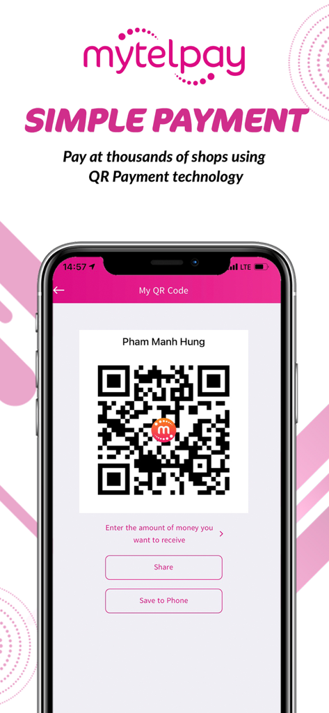 MytelPay - MytelPay app screen displaying a personal QR code for simple payments at thousands of shops