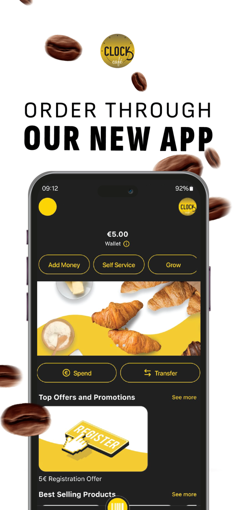 Clock Cafe - Clock Cafe mobile app showing the wallet balance and ordering features on an iPhone