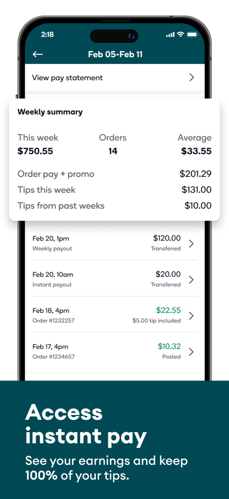 Shipt app screen showing a weekly shopper earnings summary with tips and instant payout history