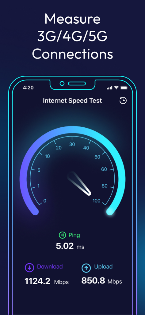 Interfaz móvil de la aplicación Speed Test y Wifi Analyzer que muestra resultados de velocidad de descarga y carga con un medidor