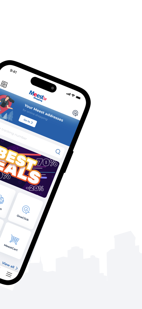 Meest Shopping mobile app home screen showing package tracking and international warehouse address options