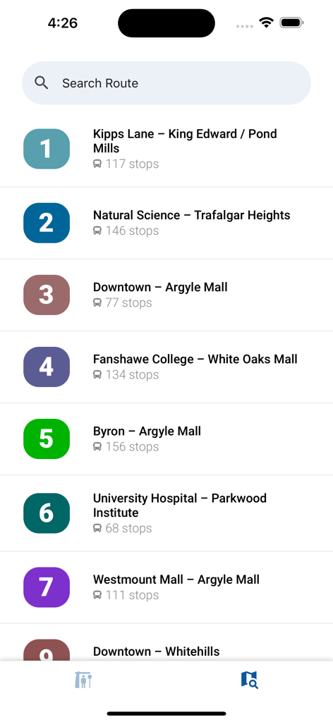 A list of bus routes in the London Transit app showing route names and stop counts