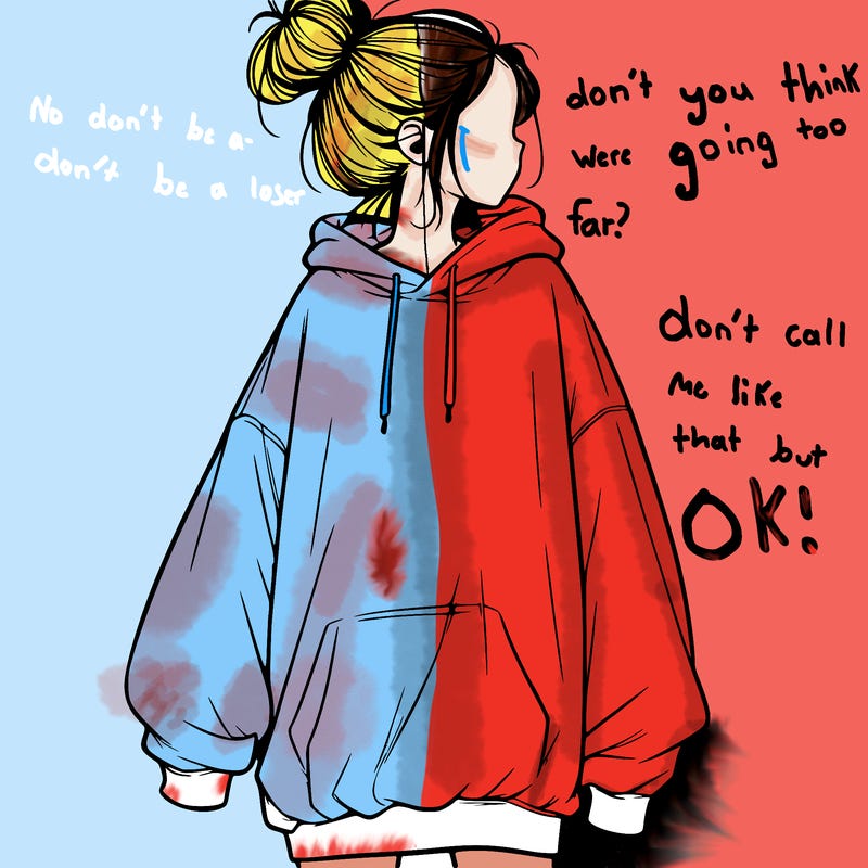 realistic girl with a oversized sweatshirt on and a bun