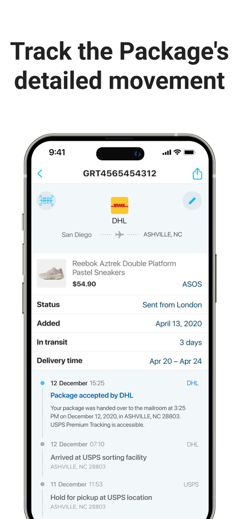 Package Tracker - pkge Mobile - Screenshot of the Pkge.net app showing a detailed delivery status and movement timeline for an international shipment.