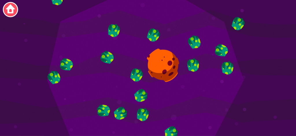 Un asteroide arancione circondato da piccole rocce verdi in un ambiente spaziale viola.