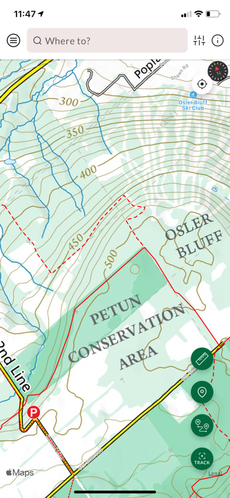 Bruce Trail App - Mapa topográfico del Área de Conservación de Petun en la interfaz de la aplicación Bruce Trail