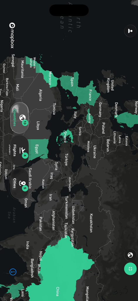 Mapped Out - Travel map - Mapped Outアプリの、訪問済み国が緑色でハイライトされた世界地図ビュー。