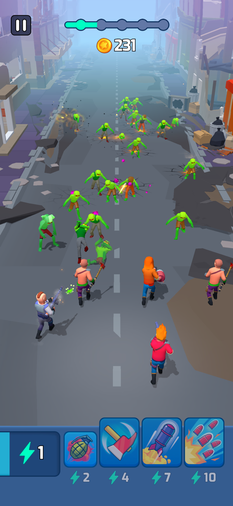Idle Defense Survival - Tactical squad of survivors defending against a green zombie horde in a ruined city street.