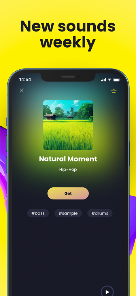 Hip-Hop Drum Pads Guru - Hip-Hop Drum Pads Guru app screen showing a new sound pack titled Natural Moment with a weekly update header.