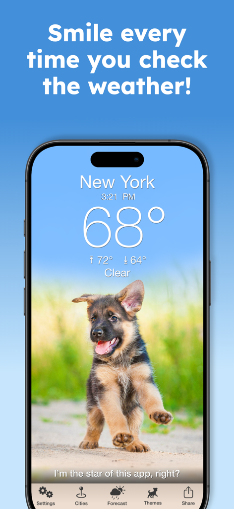 Weather Puppy Forecast + Radar - Weather Puppy app showing a New York forecast with a cute German Shepherd puppy background