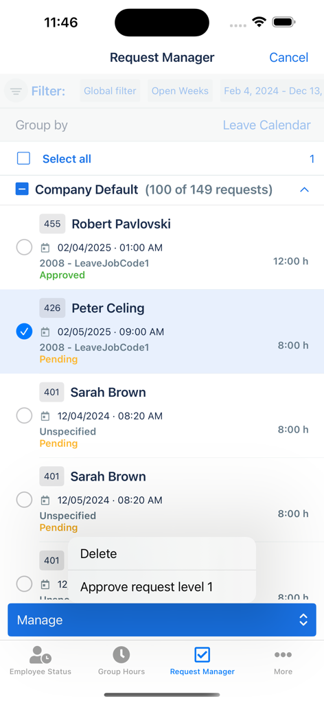 TimeClock Plus Manager - TimeClock Plus Manager app screen showing employee leave requests with options to approve or delete