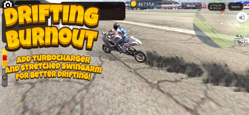 Wheelie King 8 - Online racing - Una motocicleta realizando un derrape con burnout en una pista de carreras en Wheelie King 8
