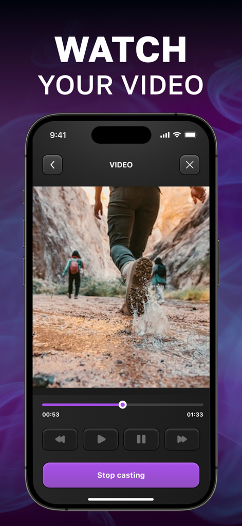 Universal TV Remote Control 。 - Pantalla de smartphone que muestra la interfaz de transmisión de video con controles de reproducción y un botón para detener la transmisión para la aplicación Control Remoto Universal para TV.
