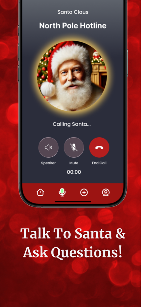 Magic Santa: Calls and Video - A mobile phone screen showing a simulated voice call from Santa Claus on the North Pole Hotline