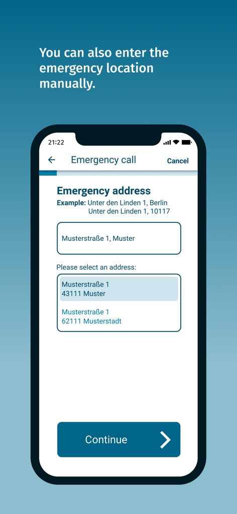 nora - Emergency Call App - Screenshot of the nora app interface for entering an emergency address manually.