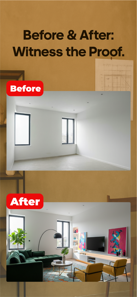 Decor AI: Room Design & AI - AIインテリアデザインを使用して、空の白い部屋が完全に家具の揃ったモダンなリビングルームに変身した、ビフォーアフターの比較。