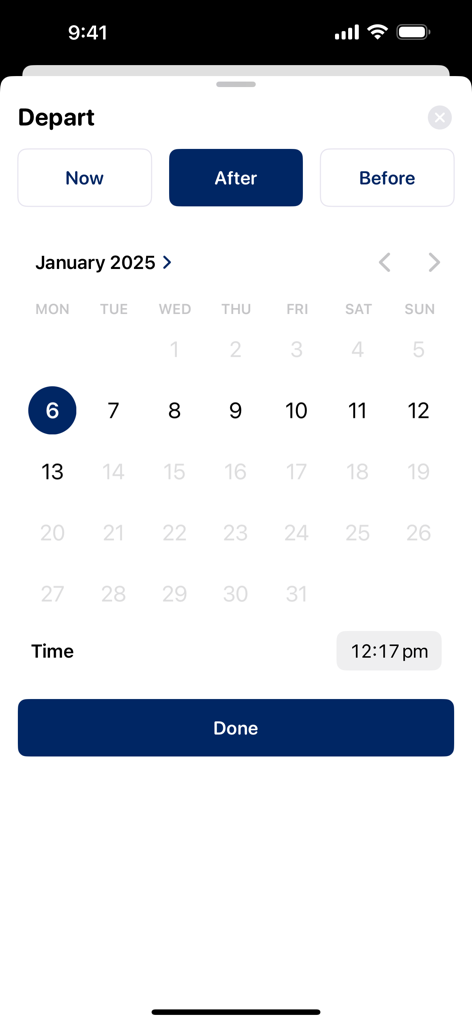 Departure date and time selection interface for Sydney transport