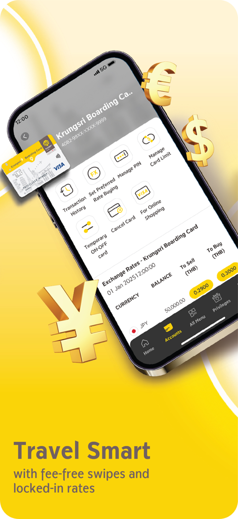 krungsri - Krungsri KMA mobile app screen showing the Boarding Card travel feature with exchange rate management and card controls.