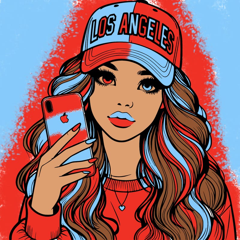 realistic beautiful girl wearing los ángeles cap holding an iphone