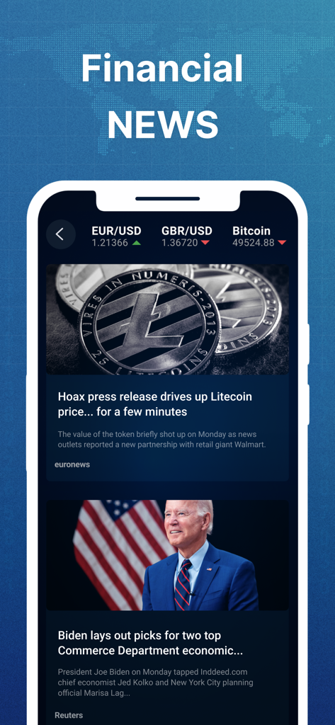 初心者向けFXゲームアプリ内の金融ニュースフィードとリアルタイムの市場相場。