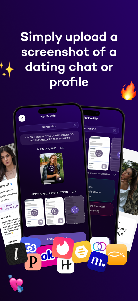 Flirtist - AI Dating Assistant - Flirtist app interface showing how to upload dating profile screenshots for AI analysis.
